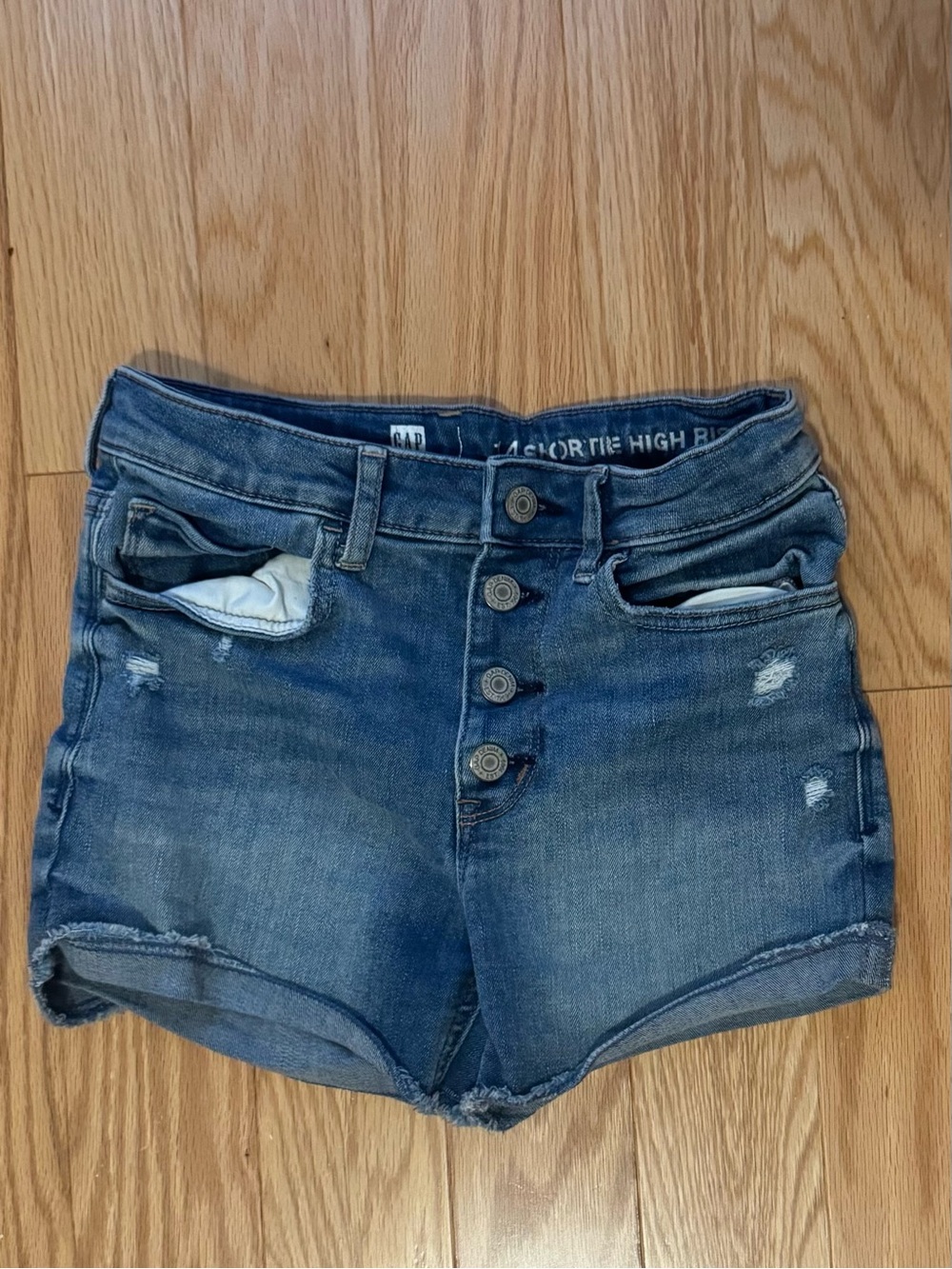 GAP High Waist Distressed Denim Shorts in Blue